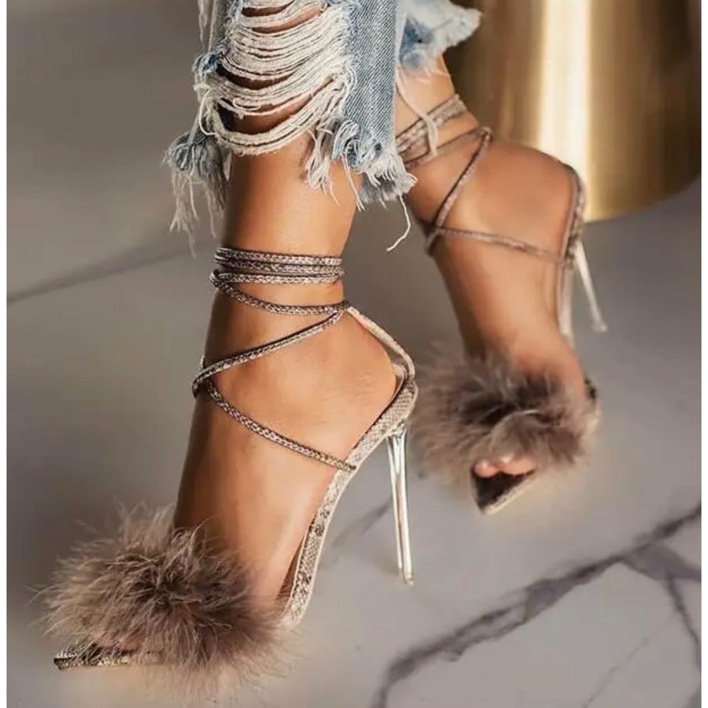 FEATHER LACE-UP STILETTO